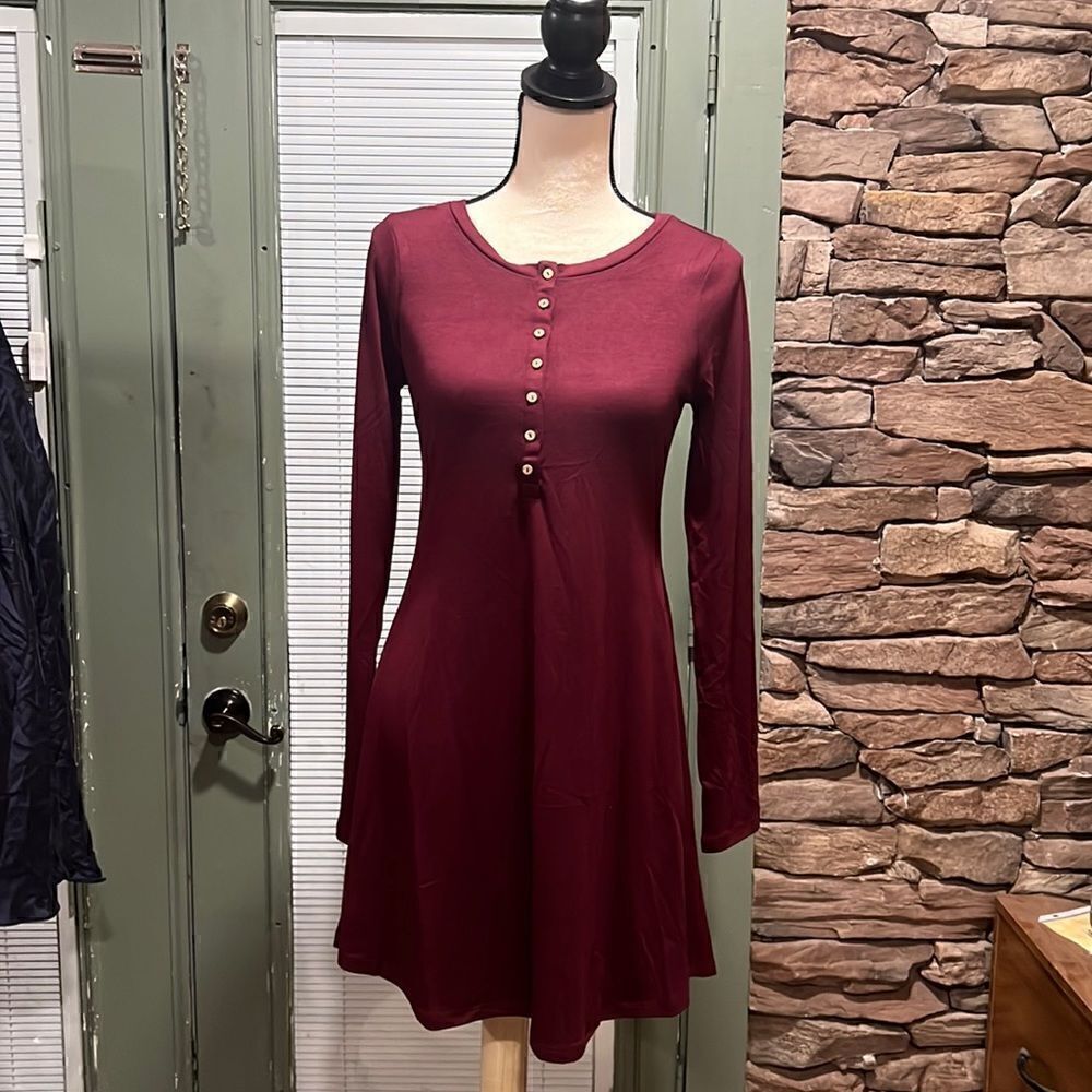 197. BURGUNDY LONG SLEEVE BUTTON DOWN DRESS - Picture 2 of 2